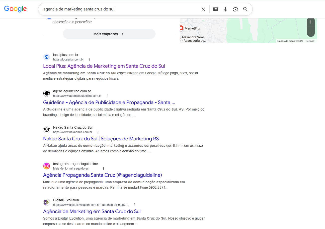 Resultados orgânicos do Google mostrando o site localplus.com.br na primeira posição