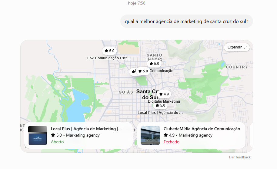 Resposta gerada por inteligência artificial citando a Local Plus como agência de marketing de Santa Cruz do Sul