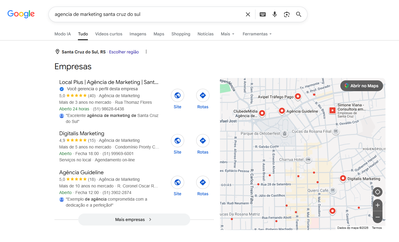 Resultado de busca do Google mostrando a Local Plus em primeiro lugar entre as agências de marketing de Santa Cruz do Sul